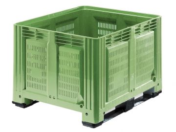 Palettenbox 1200x1000x780 mm, 680 Liter, perforiert, auf 2 Kufen, grün 