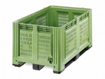 Palettenbox 1200x1000x780 mm, 680 Liter, perforiert, auf 3 Kufen, grün 