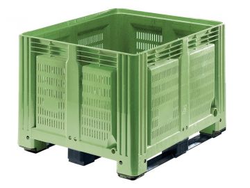 Palettenbox 1200x1000x850 mm, 760 Liter, perforiert, auf 3 Kufen, grün