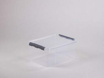 nestbarer Behälter mit Klemmdeckel, 400x300x180 mm, 15 Liter, transparent