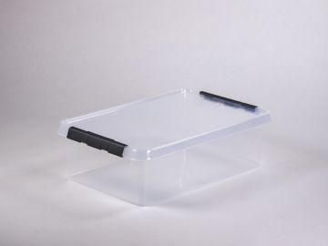 nestbarer Behälter mit Klemmdeckel, 600x400x180 mm, 32 Liter, transparent