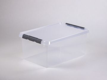 nestbarer Behälter mit Klemmdeckel, 600x400x260 mm, 45 Liter, transparent