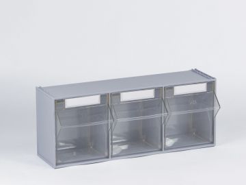 Kunststoffhalterung mit 3-Fach transparanten Kippschubladen 600x214x240 mm, hellgrau