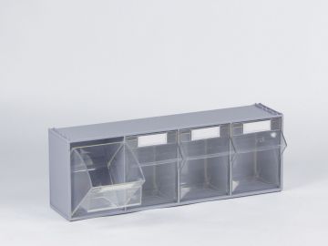Kunststoffhalterung mit 4-Fach transparanten Kippschubladen 600x177x206 mm, hellgrau