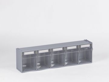 Kunststoffhalterung mit 5-Fach transparanten Kippschubladen 600x135x164 mm, hellgrau