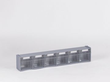 Kunststoffhalterung mit 6-Fach transparanten Kippschubladen 600x94x112 mm, hellgrau