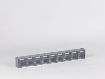 Kunststoffhalterung mit 9-Fach transparanten Kippschubladen 600x68x76 mm, hellgrau