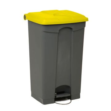 Grande poubelle professionnelle plastique à pédale 90L grise / jaune