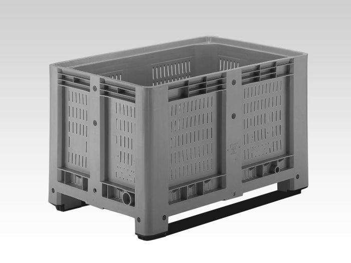 Palettenbox 1200x800x780 mm, 475 Liter, perforiert, auf 3 Kufen, grau