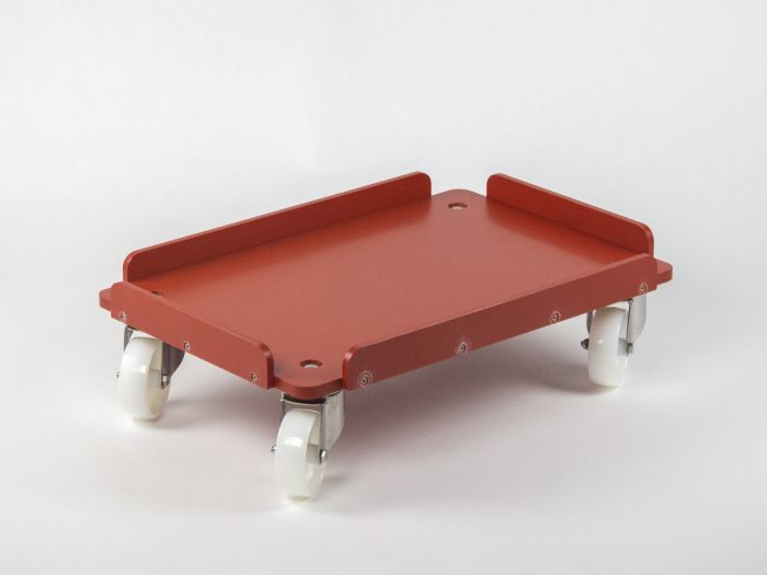 Kunststoff Untersetzwagen 600x400 mm, auf 4 inox Lenkrollen, 2 Räder gebremst