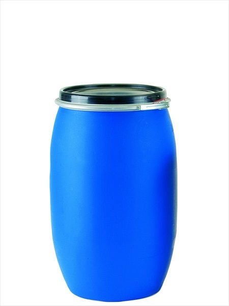 Fût plastique 220 litres occasion BLEU état correct avec traces d'utilisation