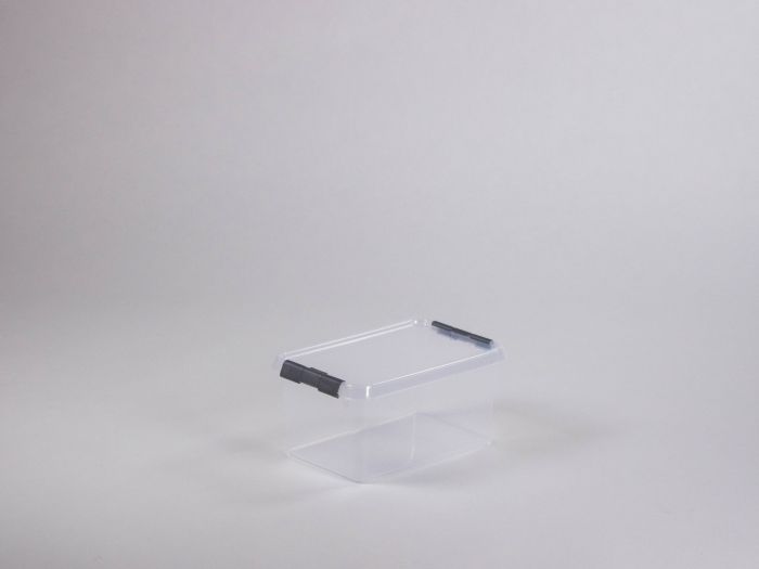 nestbarer Behälter mit Klemmdeckel, 307x200x143 mm, 6 Liter, transparent