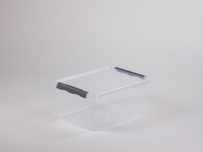 nestbarer Behälter mit Klemmdeckel, 400x300x180 mm, 15 Liter, transparent