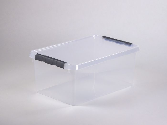 nestbarer Behälter mit Klemmdeckel, 600x400x260 mm, 45 Liter, transparent