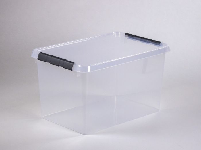 nestbarer Behälter mit Klemmdeckel, 600x400x340 mm, 62 Liter, transparent